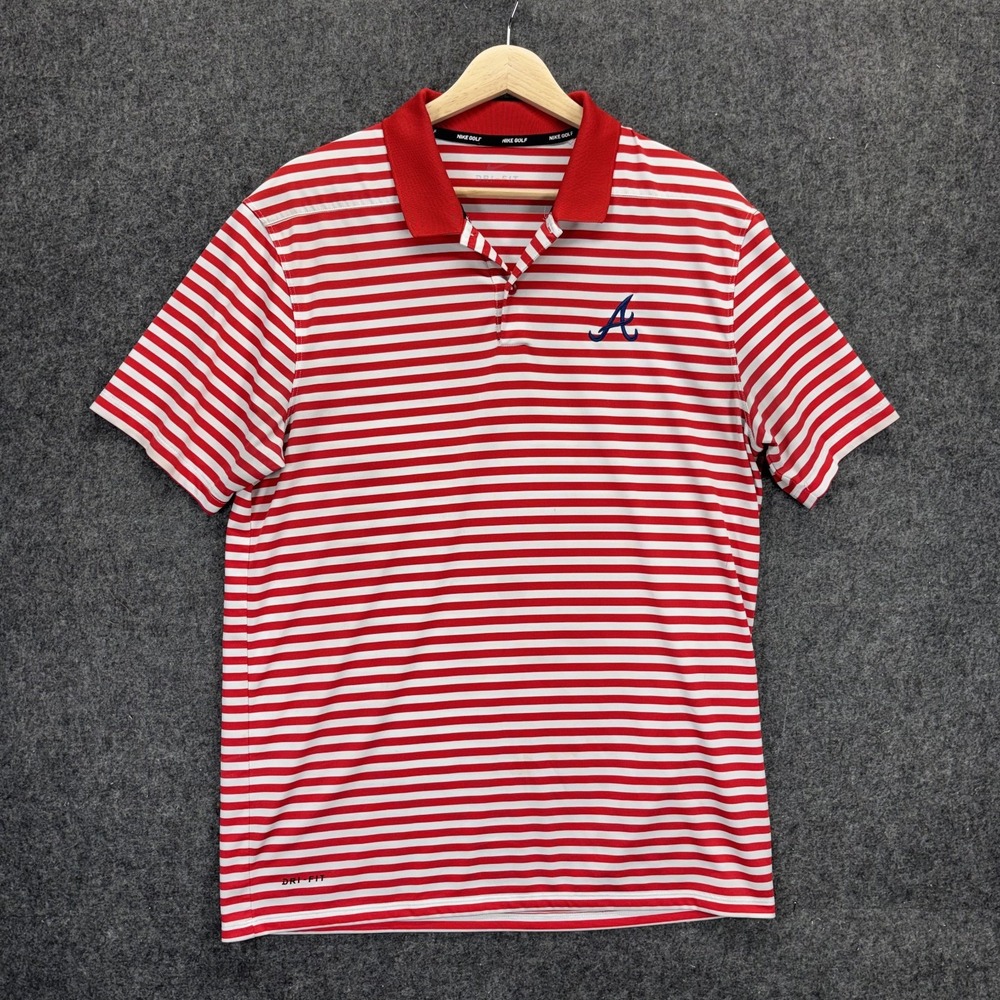 Nike Atlanta Braves Golf Polo Shirt Men's Medium Striped Red White Short Sleeve